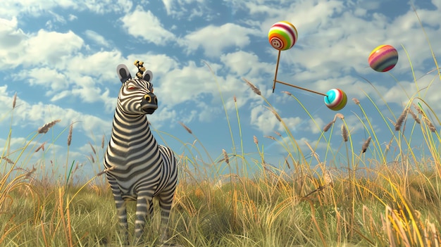 Photo this is a whimsical 3d rendering of a zebra standing in a grassy field