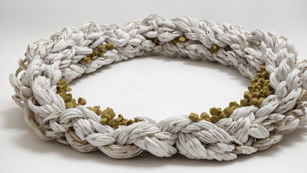 This is a white twisted paper rope in the shape of a circle with small brown beads attached at inter