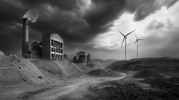 Photo this landscape showcases closed coal mines alongside wind turbines highlighting the shift toward sustainable energy amidst dark skies generative ai