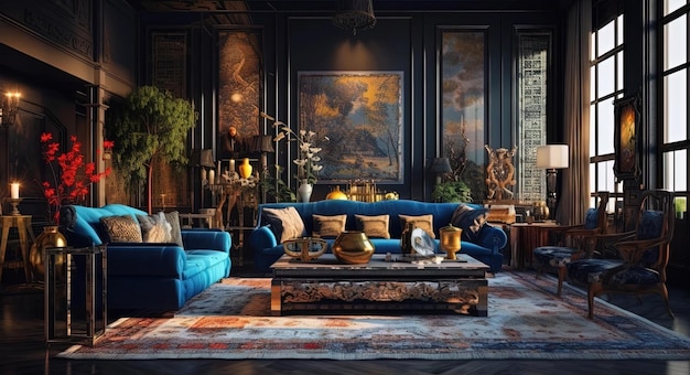 this living room has a black and blue decor