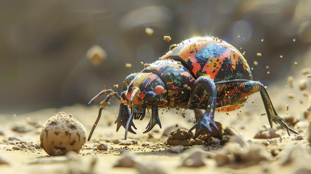 This macro photography shows a beautiful and colorful beetle rolling a ball of dung across the sand