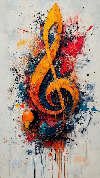 Photo this minimalist mixedmedia artwork blends a single musical note with abstract splashes of