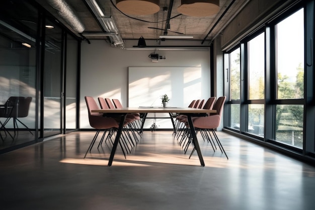 Photo this mockup shows a meeting room with a long table and sofa a panoramic window and a mockup wall