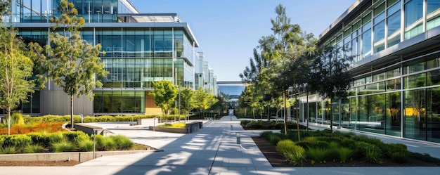 Photo this modern corporate office park showcases landscaped grounds beneath a clear blue sky aig59