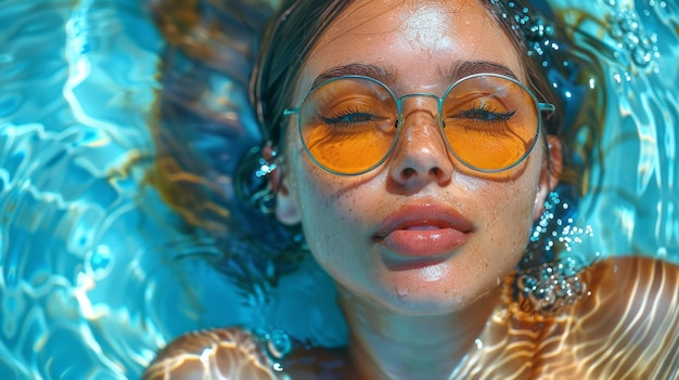 This modern illustration shows a girl with glasses swimming in the pool while on vacation among palm trees