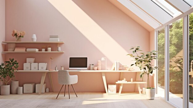 This modern workspace's blush pink and crisp white surfaces are lit by natural light GENERATE AI