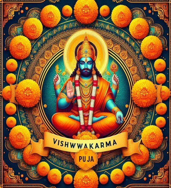 Photo this mythological illustration is illustrated for happy vishwakarma puja