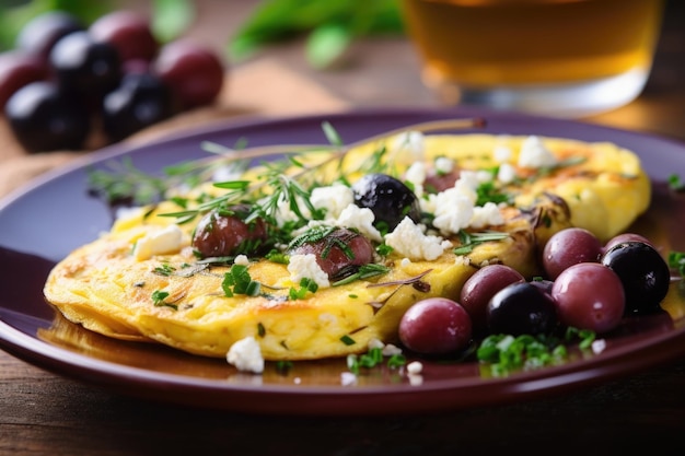 This omelette is a celebration of Mediterranean flavors featuring tangy Kalamata olives crumbled feta cheese and a sprinkle of aromatic oregano The salty olives mingle with the creamy