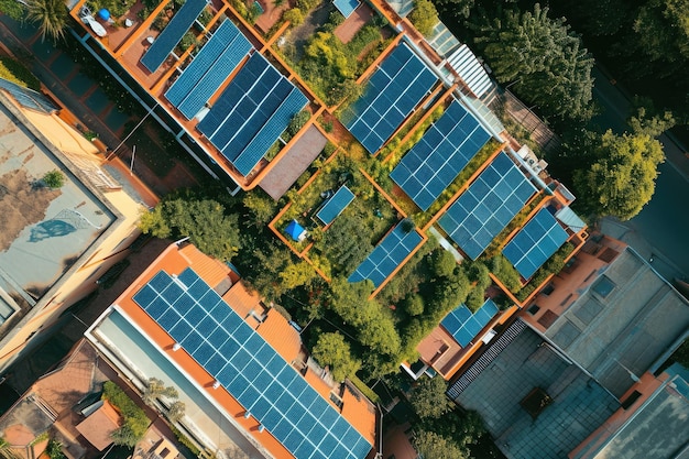 This photo captures an aerial view of a commercial building showcasing its extensive installation of solar panels Rooftops decorated with solar panels seen from above AI Generated