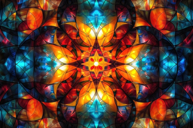 This photo captures a bold and dynamic abstract design featuring a multitude of vivid colors Stained glassinspired pattern on a luminescent background AI Generated