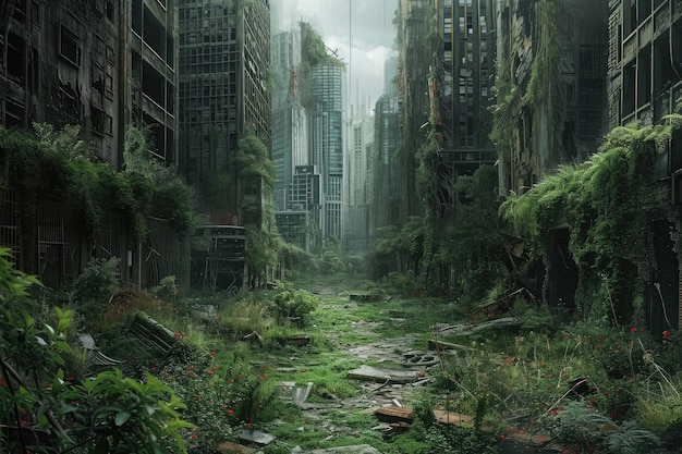 This photo captures the bustling energy of a city filled with numerous towering skyscrapers A postapocalyptic cityscape overgrown with flora and devoid of people AI Generated