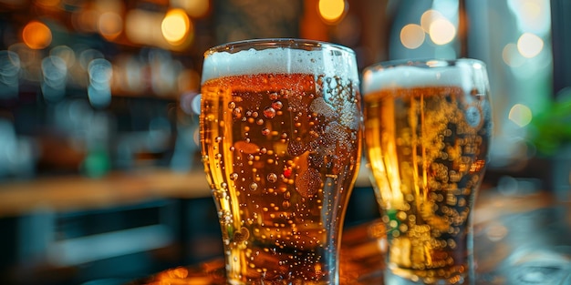 This photo captures a cozy tavern scene with two glasses of beer placed on top of a wooden bar counter