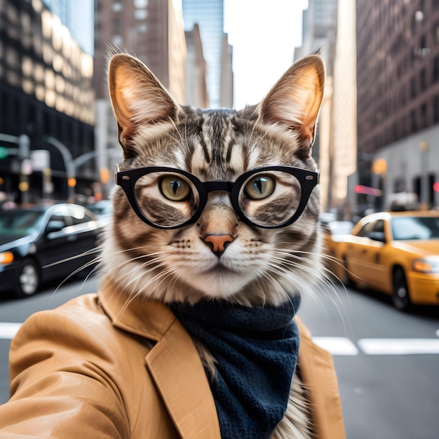 This photo of a cat is both realistic and adorable The cat is wearing glasses and seems to be walk