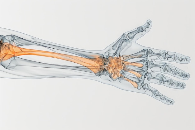 Photo this photo depicts a highly detailed and accurate drawing of the bones that make up the structure of a human hand forearm xray in a threedimensional perspective ai generated