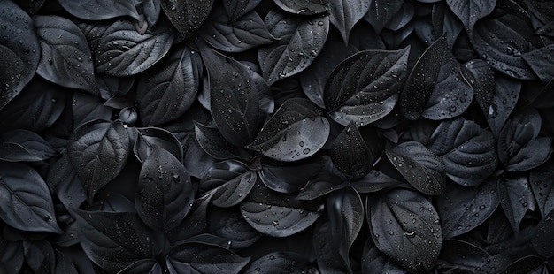 This photo features a cluster of black leaves adorned with glistening water droplets