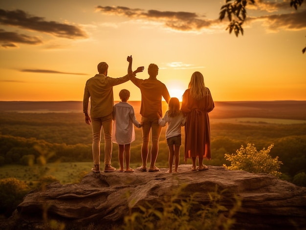 In this photograph we see a happy family celebrating Father's Day in nature at sunrise The sun is