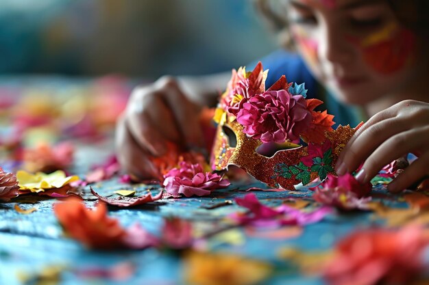 Photo this picture beautifully captures the art of purim maskmaking with hands molding vibrant materials embracing the holiday39s creativity and cultural roots