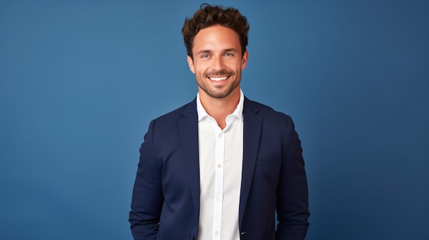 In this picture a modern young businessman stands with a laptop displaying a happy smile