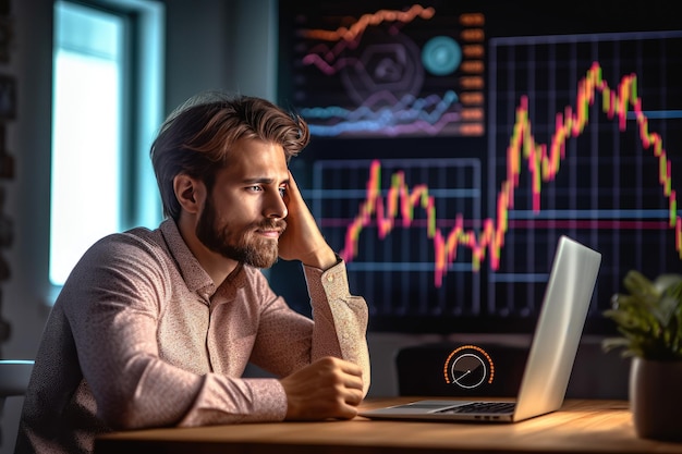 This portrait depicts a handsome young businessman at his workplace analyzing stock market data in