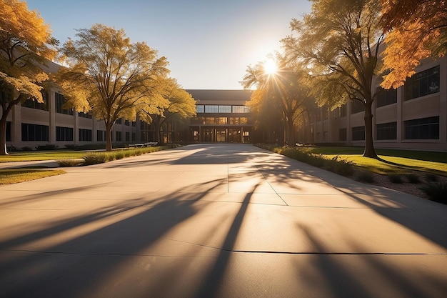 This quiet university campuses is golden hour lighting casting long shadows and delicious expert studio lighting