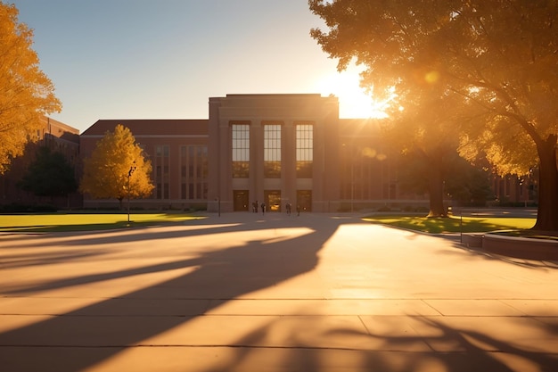 This quiet university campuses is golden hour lighting casting long shadows and delicious expert studio lighting