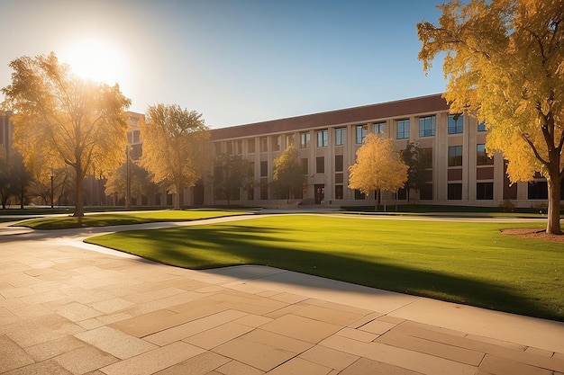 This quiet university campuses is golden hour lighting casting long shadows and delicious expert studio lighting