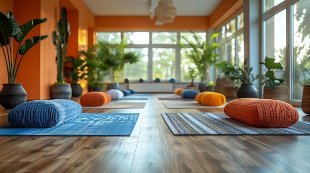 This room filled with numerous yoga mats spread out on the floor