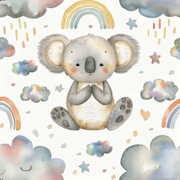 This seamless pattern features a koala a rainbow and clouds it is illustrated in watercolor and has an isolated white background