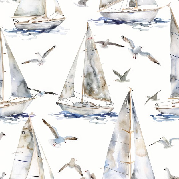 Photo this seamless watercolor design contains yachts catamarans in the sea oceans and seagulls