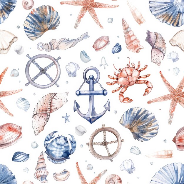 Photo this seamless watercolor pattern features nautical themes starfish seashells and texturing for children39s clothing