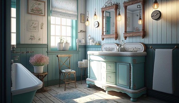 This Shabby Chic bathroom boasts a vintage aesthetic with a charming clawfoot bathtub Generated by AI