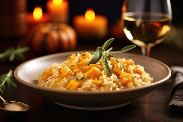 This shot captures the essence of autumn in a ernut squash risotto The velvety rice is intertwined with chunks of roasted ernut squash offering a comforting sweetness and hint of nuttiness