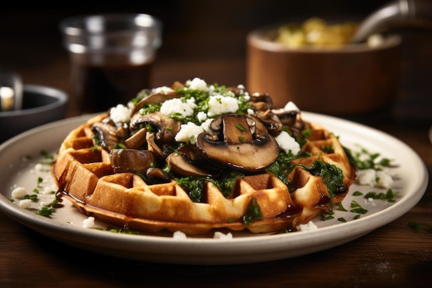 This shot presents a waffle with a savory twist accompanied by a medley of saut ed mushrooms wilted spinach and crumbled feta cheese The earthy mushrooms intertwine with the tender waffle