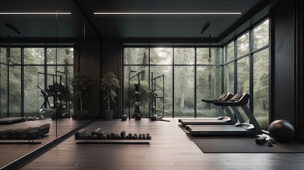 This sleek and minimalist home gym features floortoceiling windows that allow for abundant natural light to illuminate the space Generated by AI