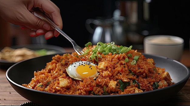 This spicy kimchi fried rice recipe combines the bold flavors of Korean kimchi with fluffy rice tender vegetables and spicy gochujang sauce for a delicious and satisfying meal Generated by AI