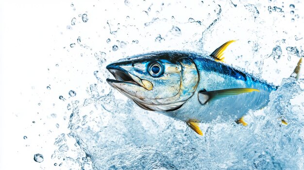 Photo this stock image shows a tuna jumping out of the water against a white background