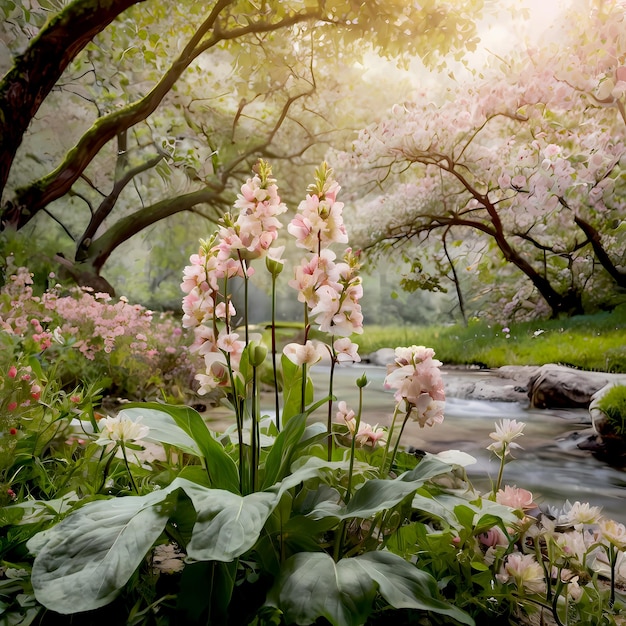 This stock photo shows a serene nature scene with a field of blossoming flowers