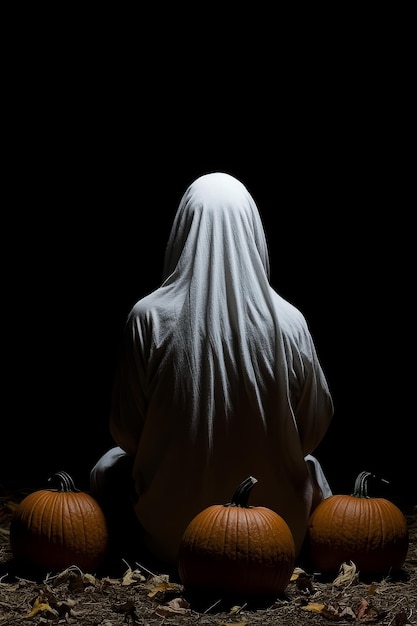 Photo this striking composition features a ghost sitting among pumpkins set against a black backdrop