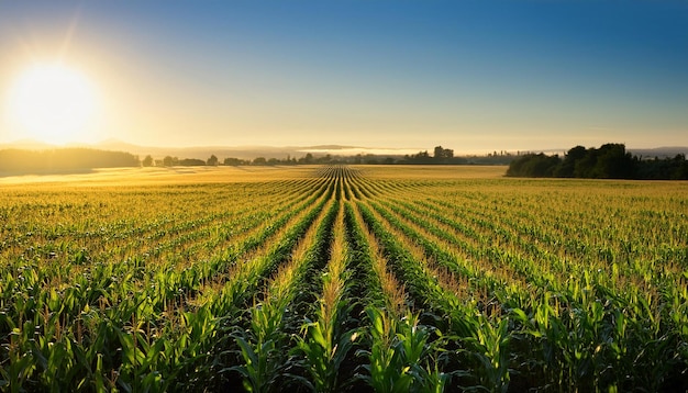 This stunning image captures the serene beauty of a vast cornfield at sunrise with golden sunlight