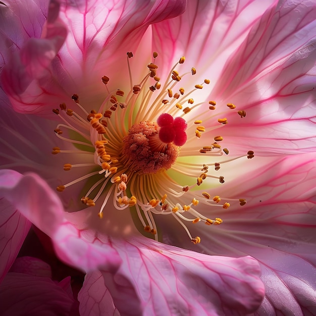 This stunning macro captures the intricate details of the center structure and stamens inside an open pink hibiscus flower The natural lighting highlights the vibrant colors and delicate