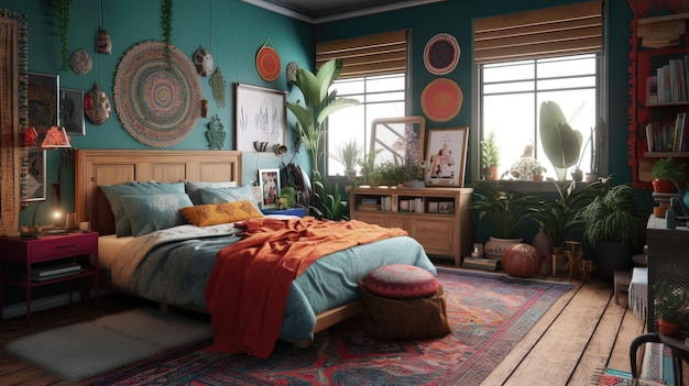 This ultrarealistic eclectic bedroom is a feast for the senses with vibrant colors rich textures Generated by AI