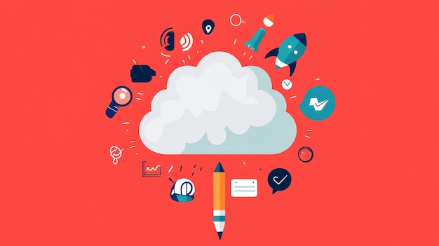 This vibrant flat illustration symbolizes the power of cloud computing innovation and growth