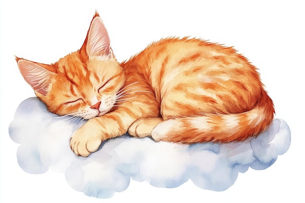 Photo this watercolor illustration features a cute orange tabby kitten curled up and sleeping soundly