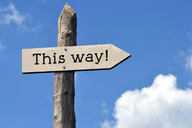 This way wooden signpost with one arrow sky with clouds