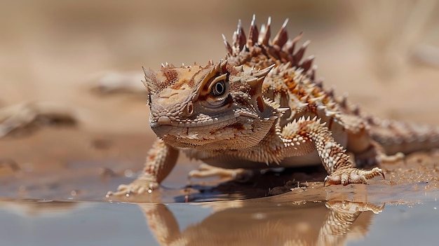 Thorny devil lizard drinking water through skin desert scene A thorny devil lizard stands