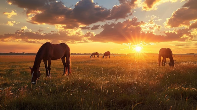 Thoroughbred horses grazing at sunset in a field