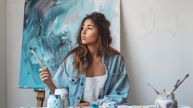 Thoughful Young Woman Holding Paintbrush in Deep Thought