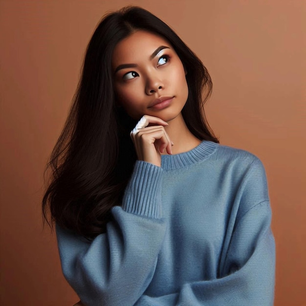 Thoughtful Asian woman in blue jumper hand on chin pondering future against brown background