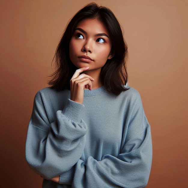 Thoughtful Asian woman in blue jumper hand on chin pondering future against brown background