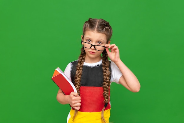 A thoughtful child with a German flag and a notebook in his hands on a green isolated background German language courses for schoolchildren